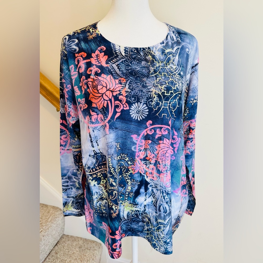 Nally & Millie denim blue and coral print, long sleeve top. Size large.